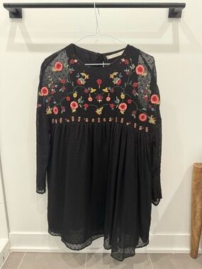 Black Floral Embroidered Long Sleeve Mini Dress